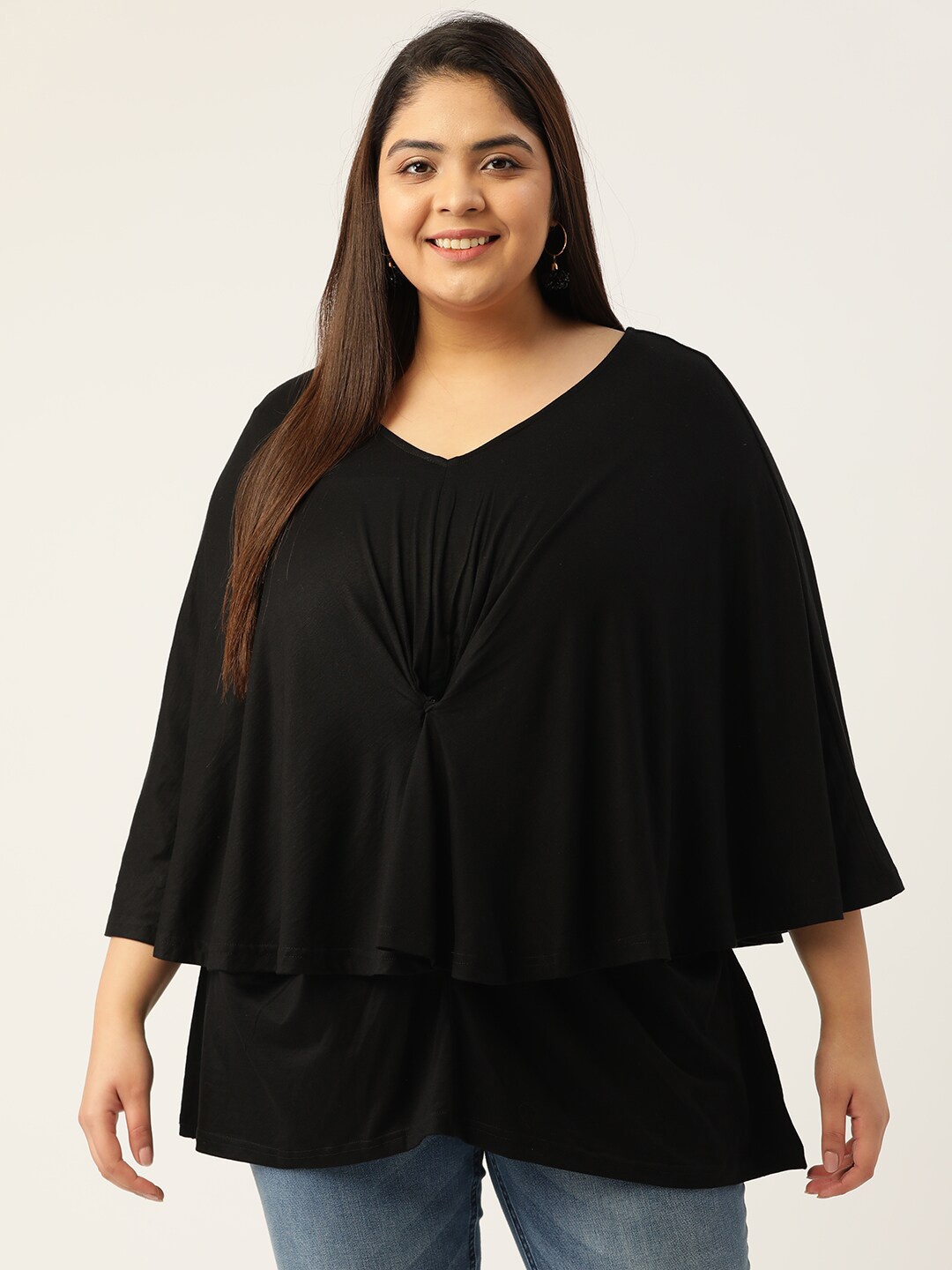 

theRebelinme Plus Size Black Layered Cape Top