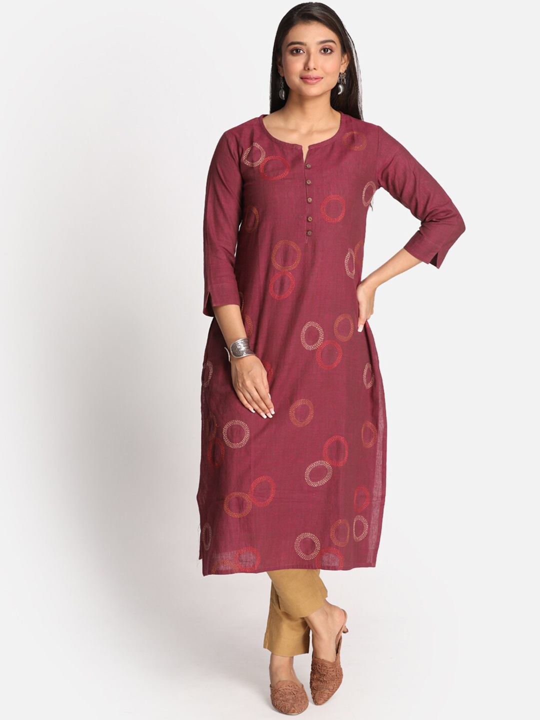 

Earthwear Women Purple Ethnic Motifs Embroidered Mirror Work Khadi Kurta