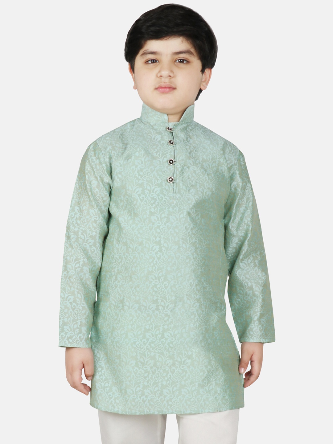 

SG YUVRAJ Boys Sea Green Ethnic Motifs Brocade Satin Kurta