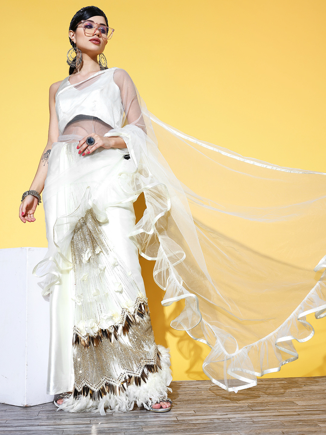 

Tikhi Imli Solid Saree, White