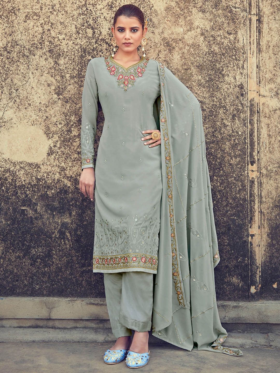 

Shaily Grey & Red Embroidered Silk Georgette Unstitched Dress Material