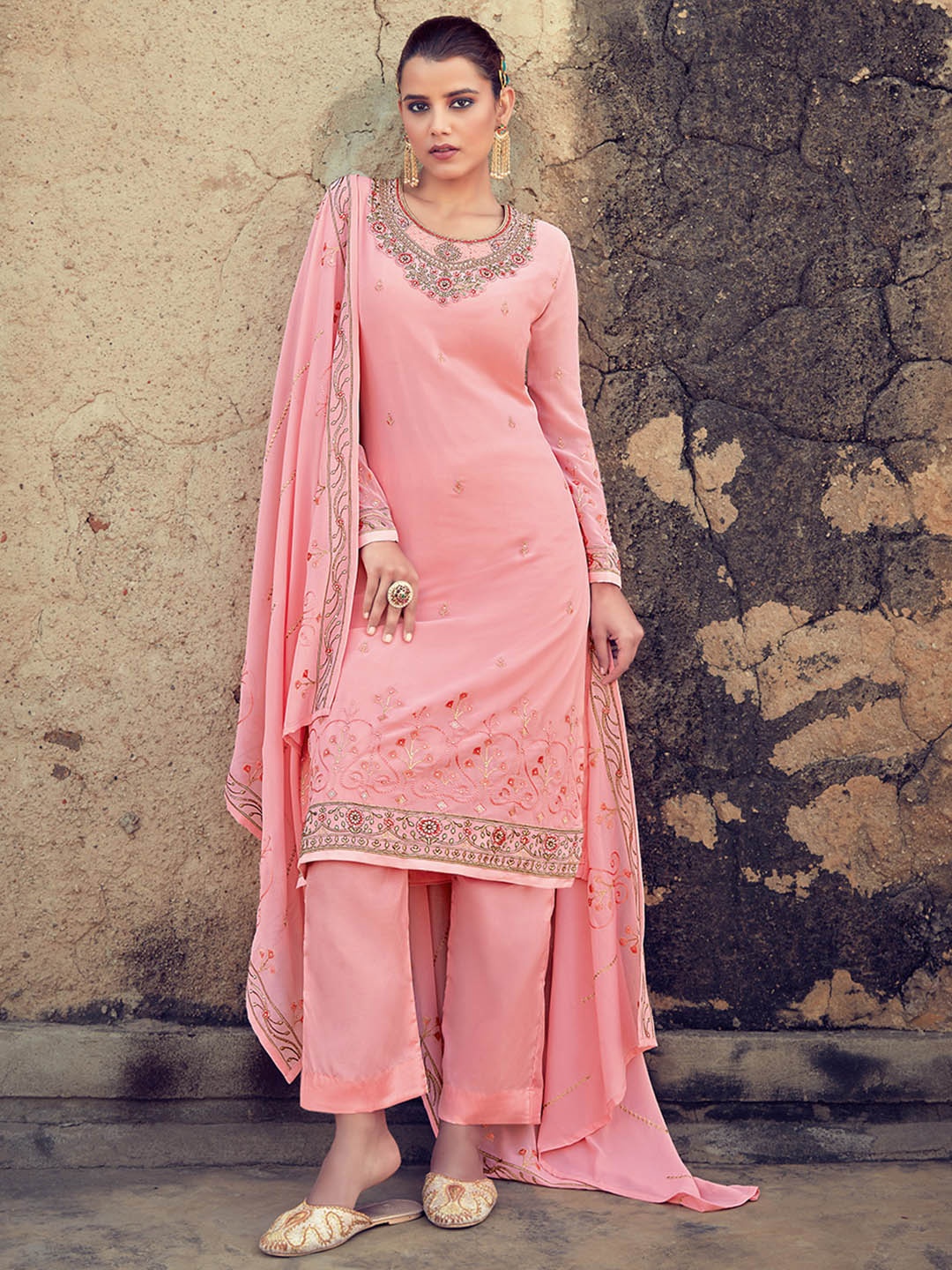 

Shaily Women Pink & Red Embroidered Silk Georgette Unstitched Dress Material