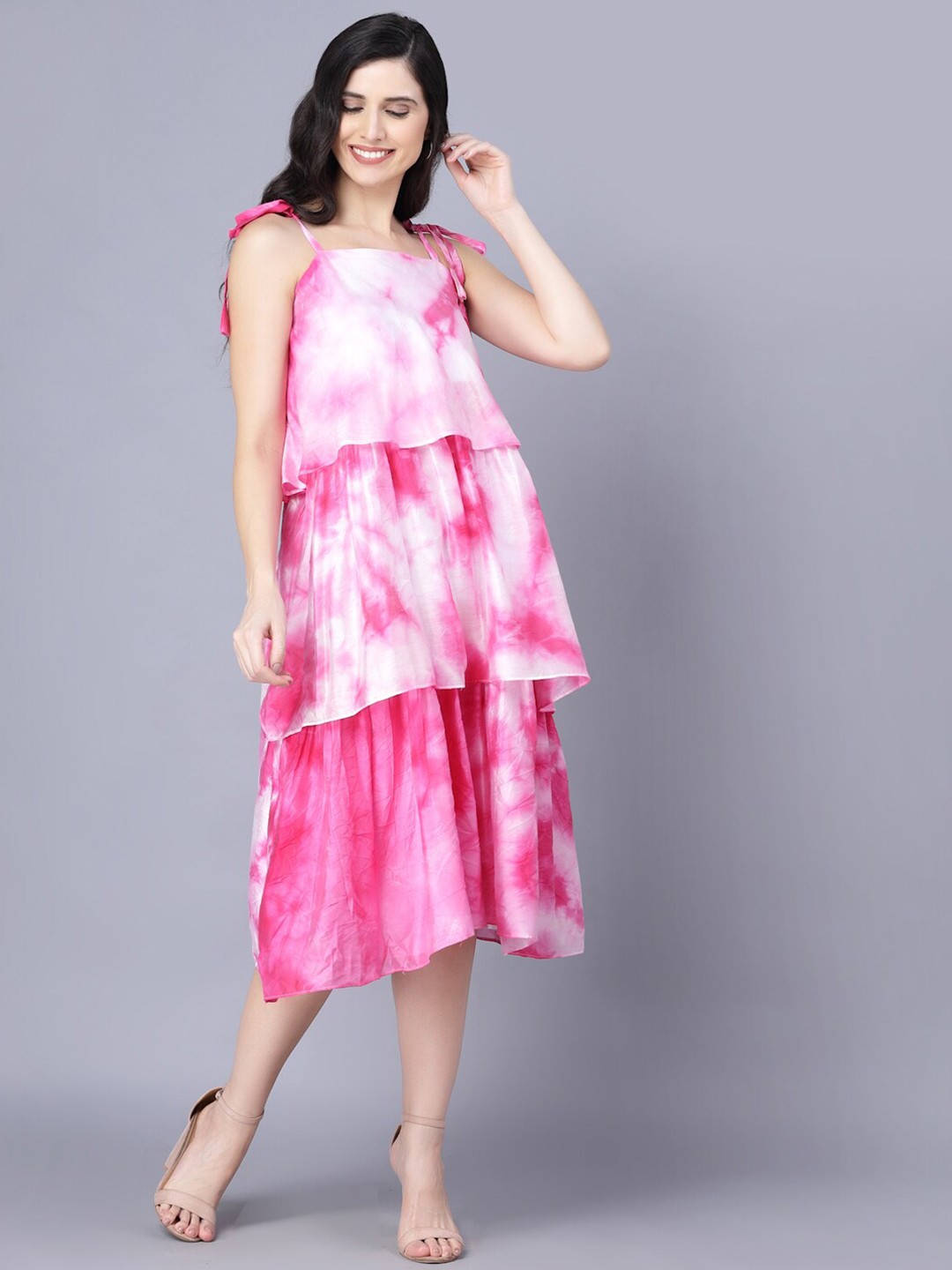 

Myshka White & Pink Tie and Dye Dyed Layered A-Line Midi Dress