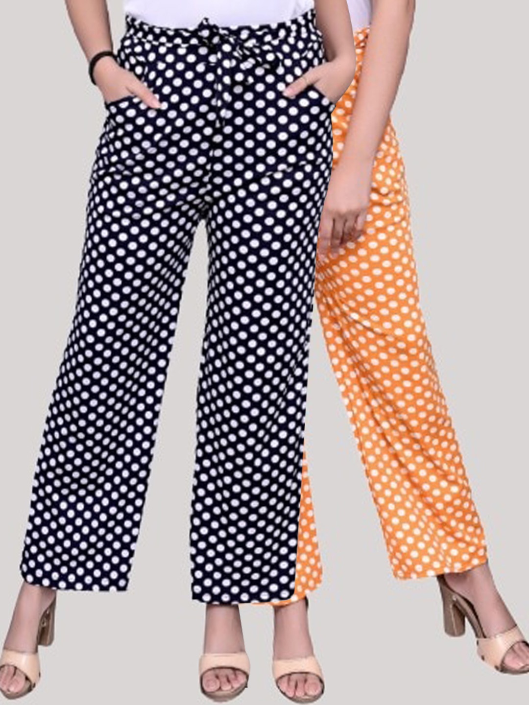 

FNOCKS Women Girls Pack Of 2 Polka Dots Printed Cotton Lycra Palazzos, Navy blue