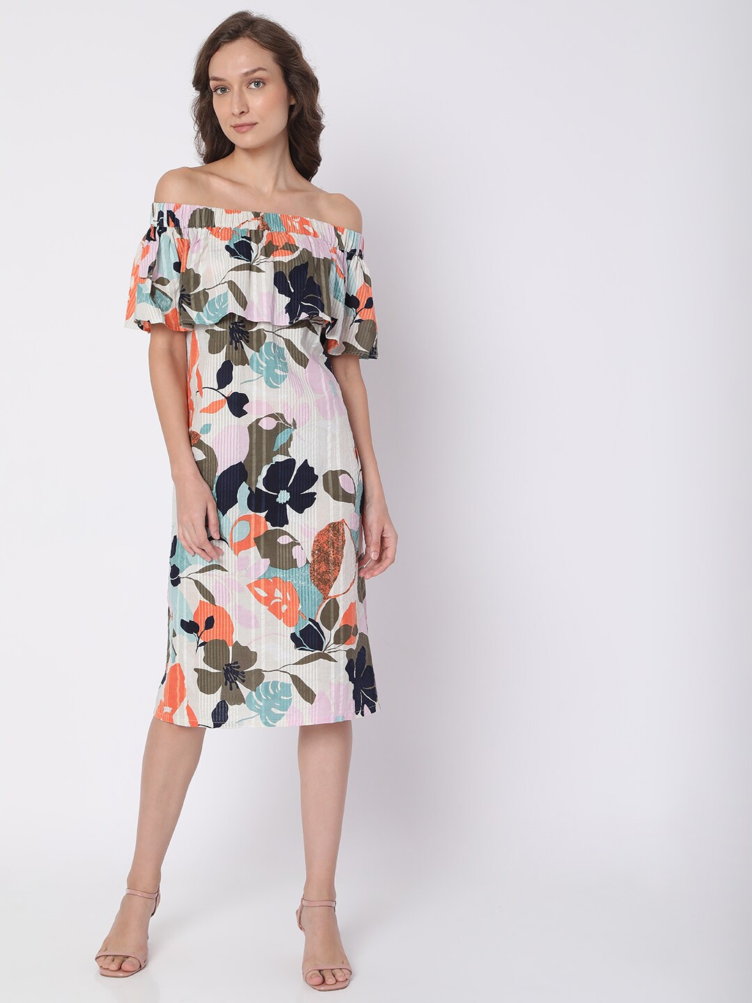 

Vero Moda Women Beige Floral Print Off Shoulder A-Line Dress