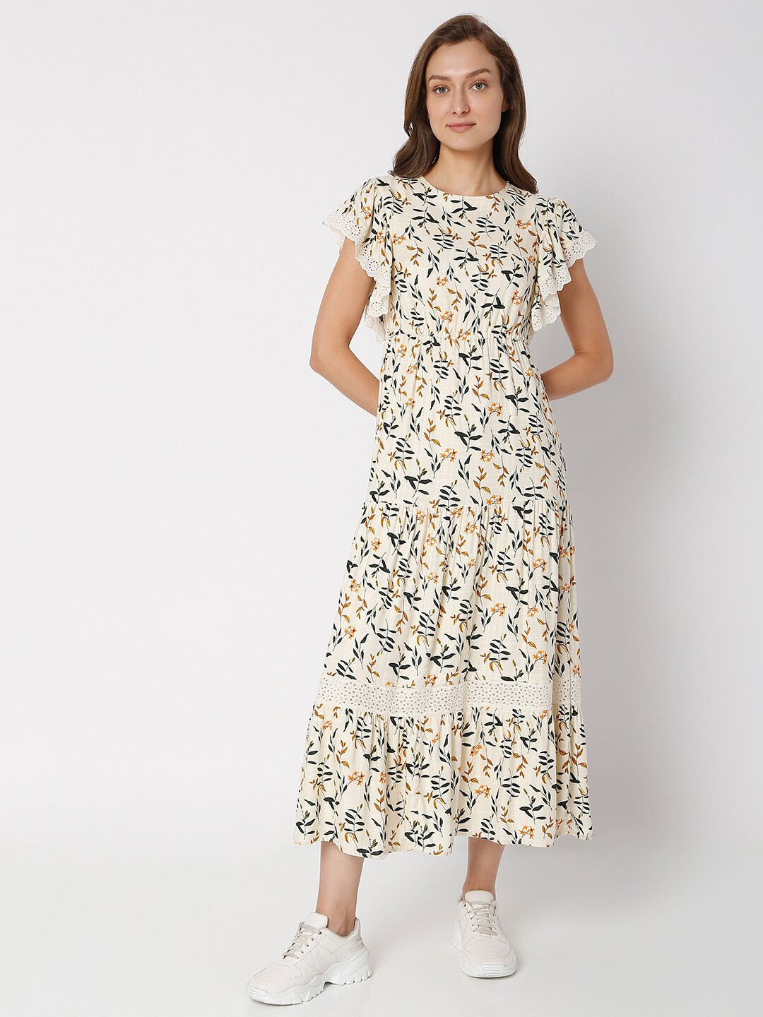 

Vero Moda Women Off White & Green Floral Printed A-Line Dress