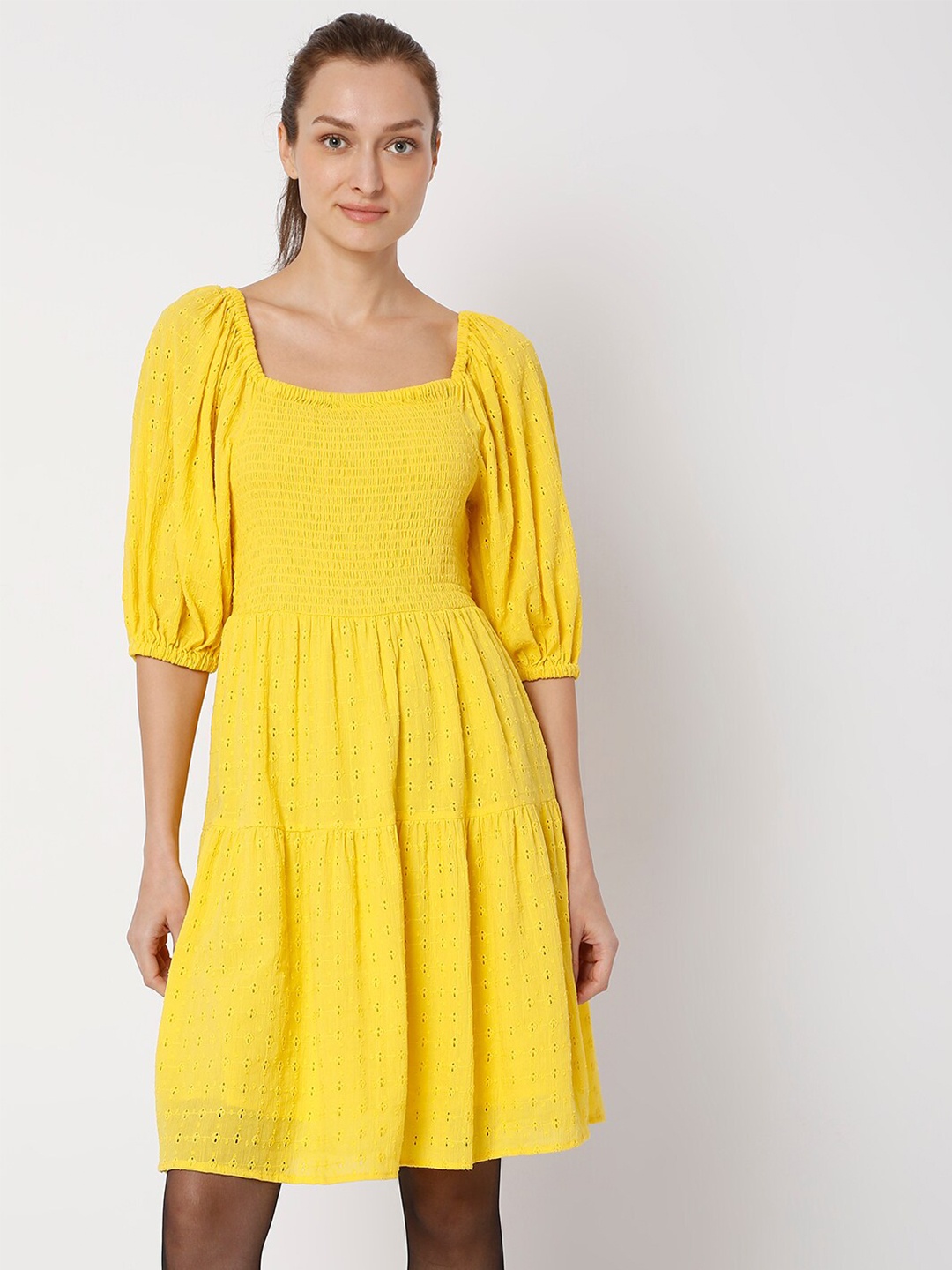 

Vero Moda Women Yellow Schiffli A-Line Dress