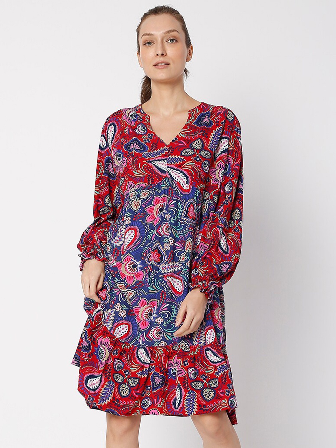 

Vero Moda Women Maroon Floral A-Line Dress