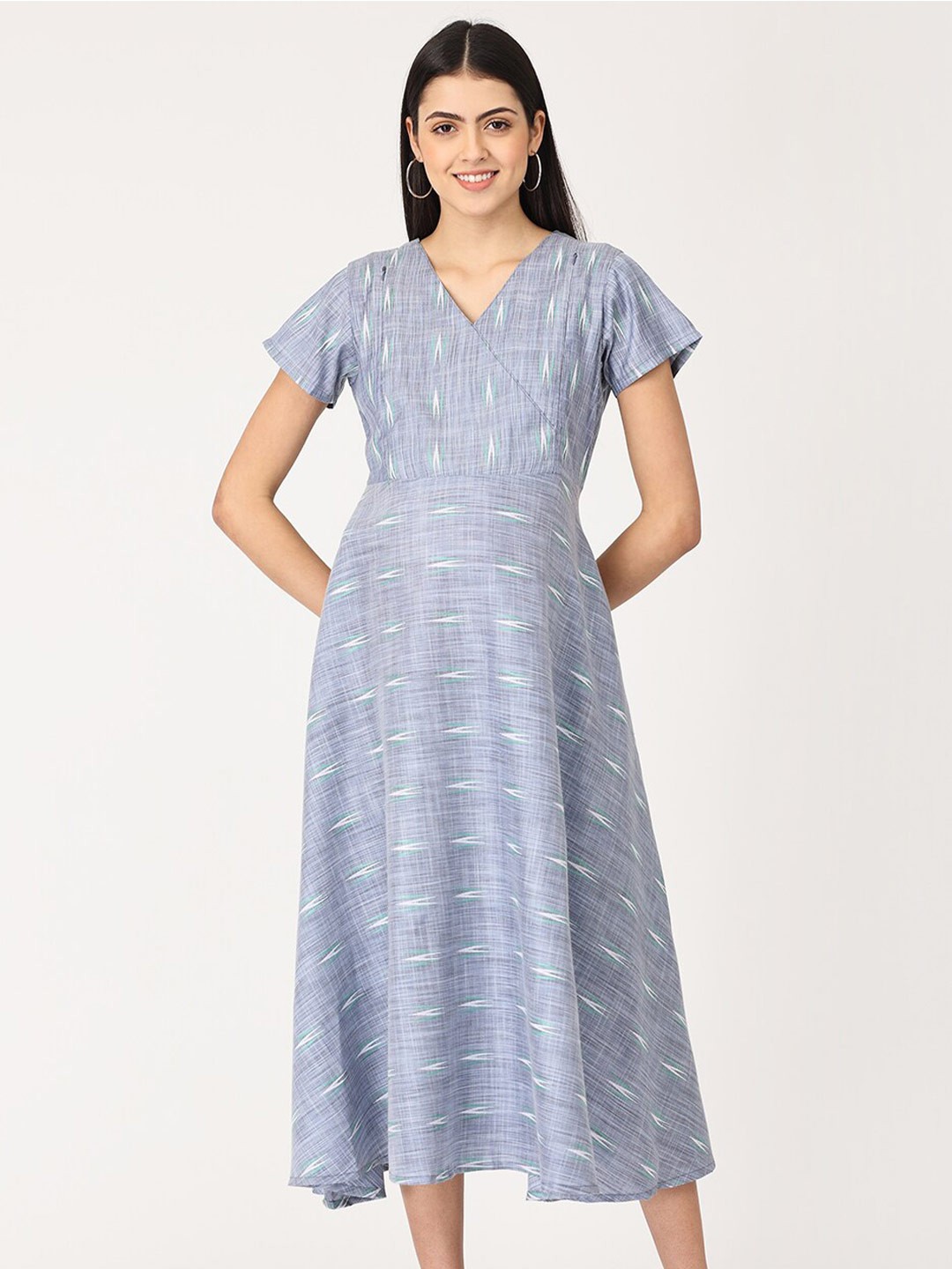 

The Mom Store Women Blue Ikat Weave A-Line Maternity and Nursing Dress