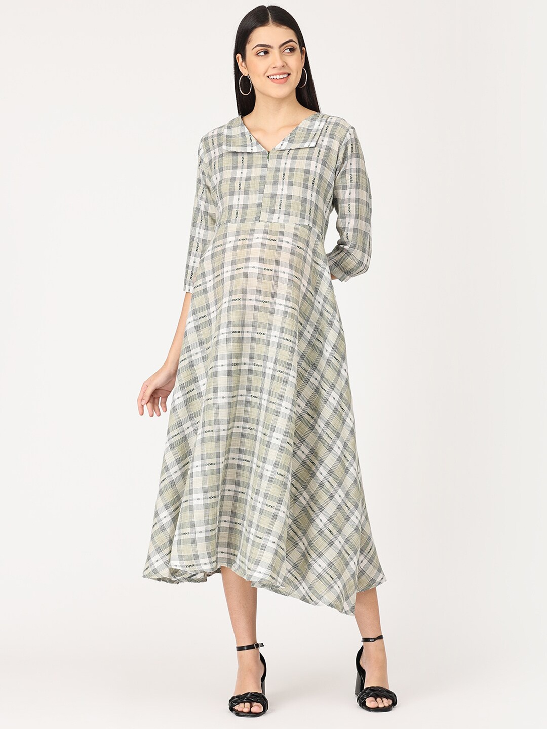 

The Mom Store Olive Green Checked Ethnic A-Line Maternity Midi Dress