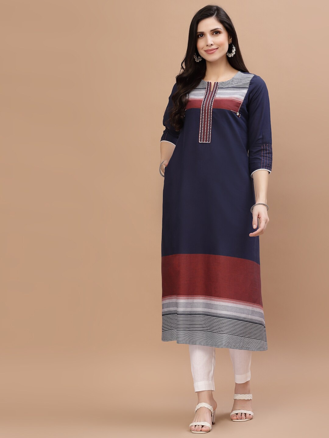 

Smiro Women Navy Blue & Rust Colourblocked Thread Work Cotton Kurta