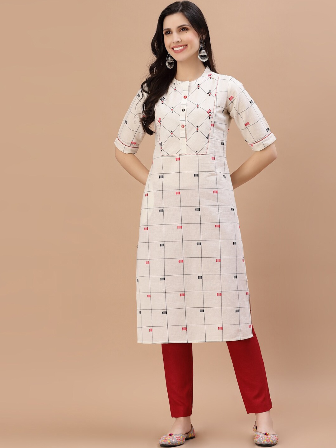 

Smiro Women White & Red Checked Thread Work Straight Kurta
