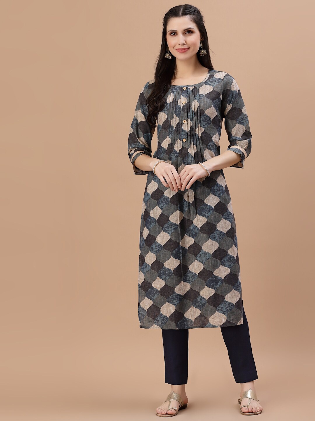 

Smiro Women Navy Blue Geometric printed Linen Kurta