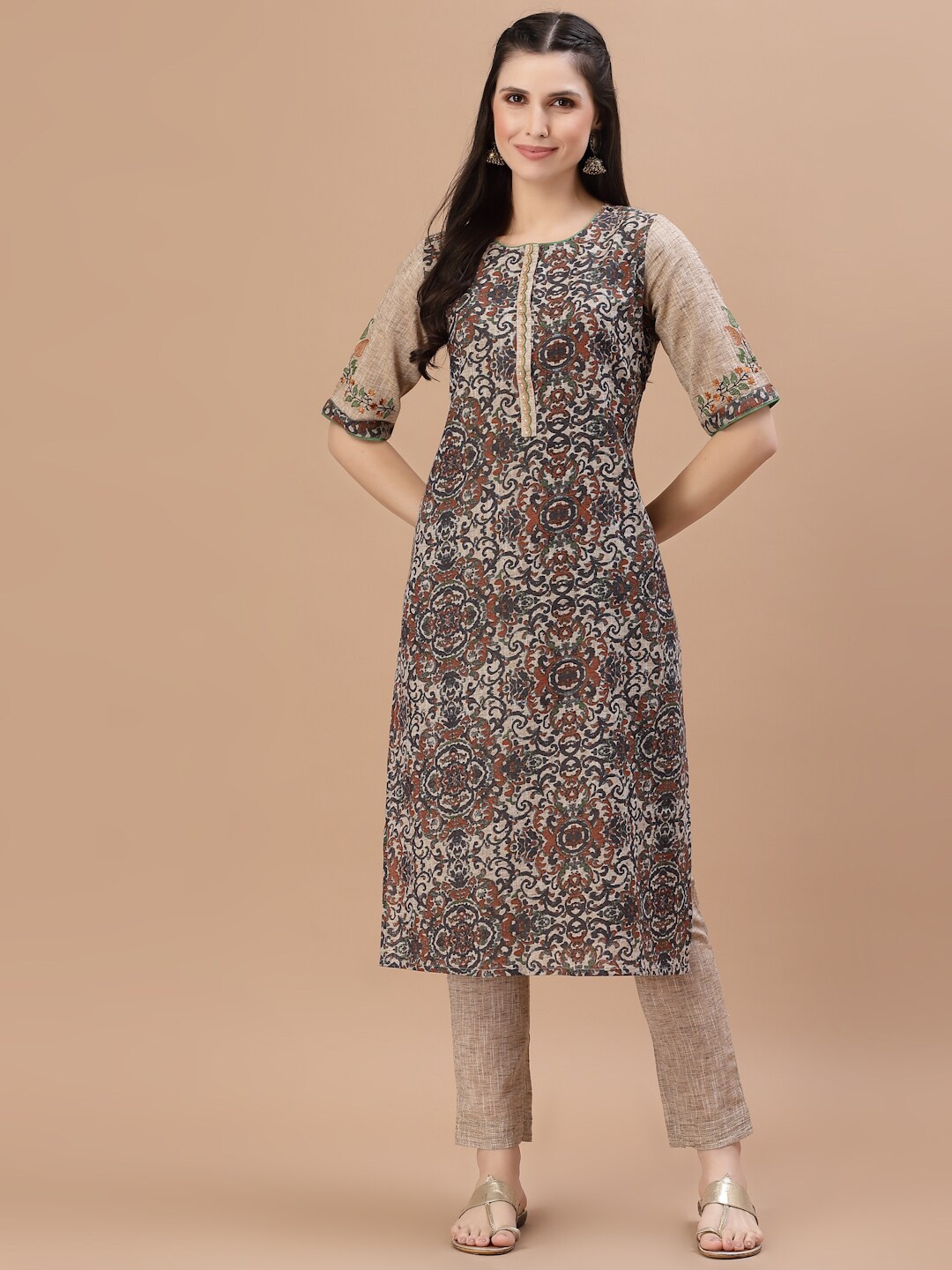 

Smiro Women Linen Khaki & Beige Ethnic Motifs Printed Kurta