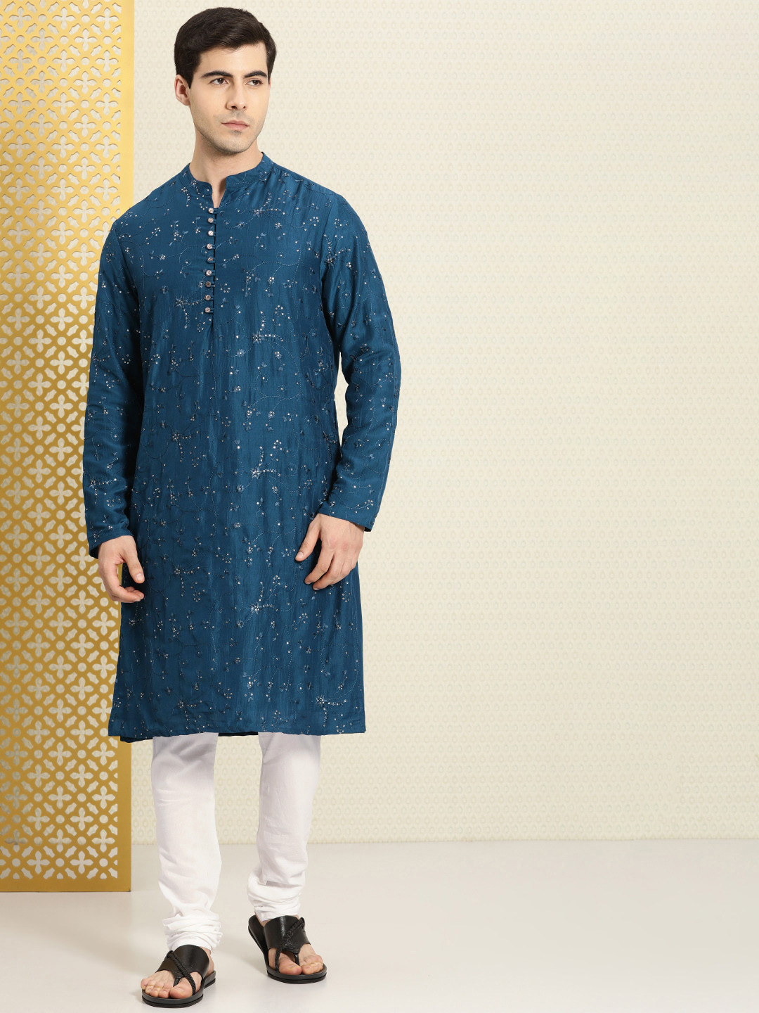 

House of Pataudi Men Rozana Embroidered Sequined Kurta with Churidar, Teal