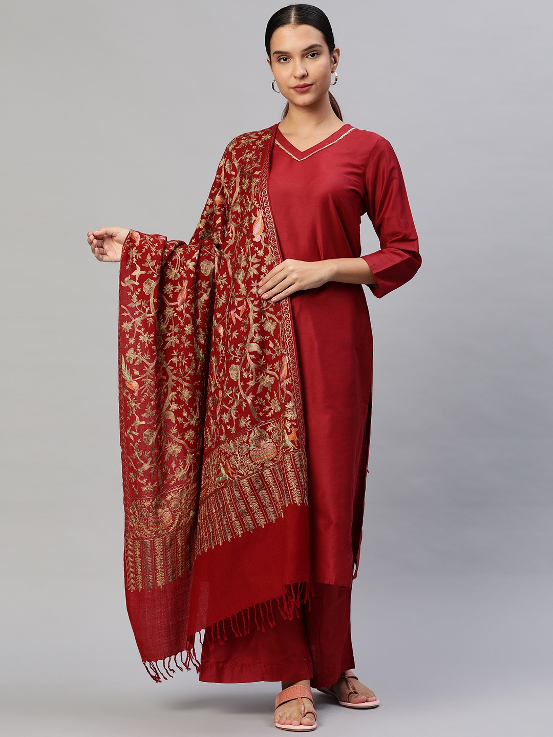 

MODARTA Maroon & Golden Tila Aari Embroidered Shawl