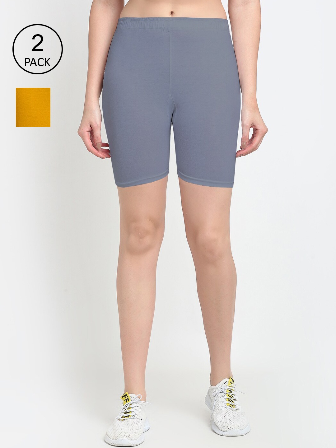 

GRACIT Women Pack Of 2 Grey & Mustard Cycling Sports Shorts