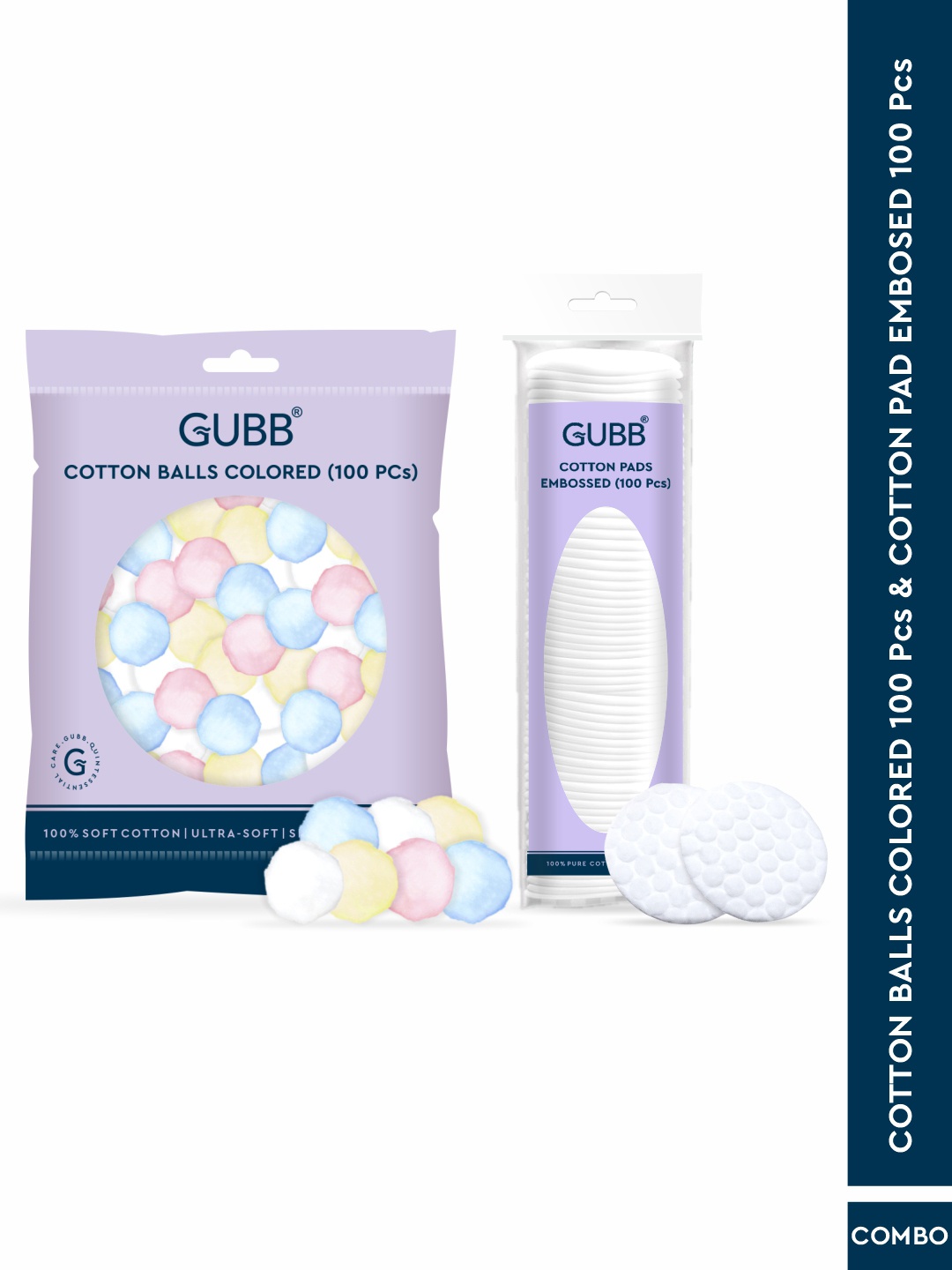 

GUBB Combo Of Soft Cotton Balls & Embossed Cotton Pads - 100 Pcs Each, Blue