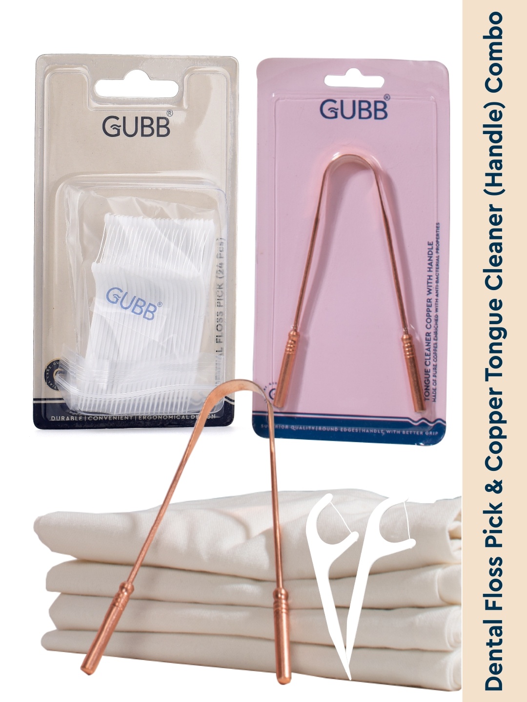 

GUBB Dental Floss Pick 24 Pcs & Copper Tongue Cleaner with Handle Combo, White