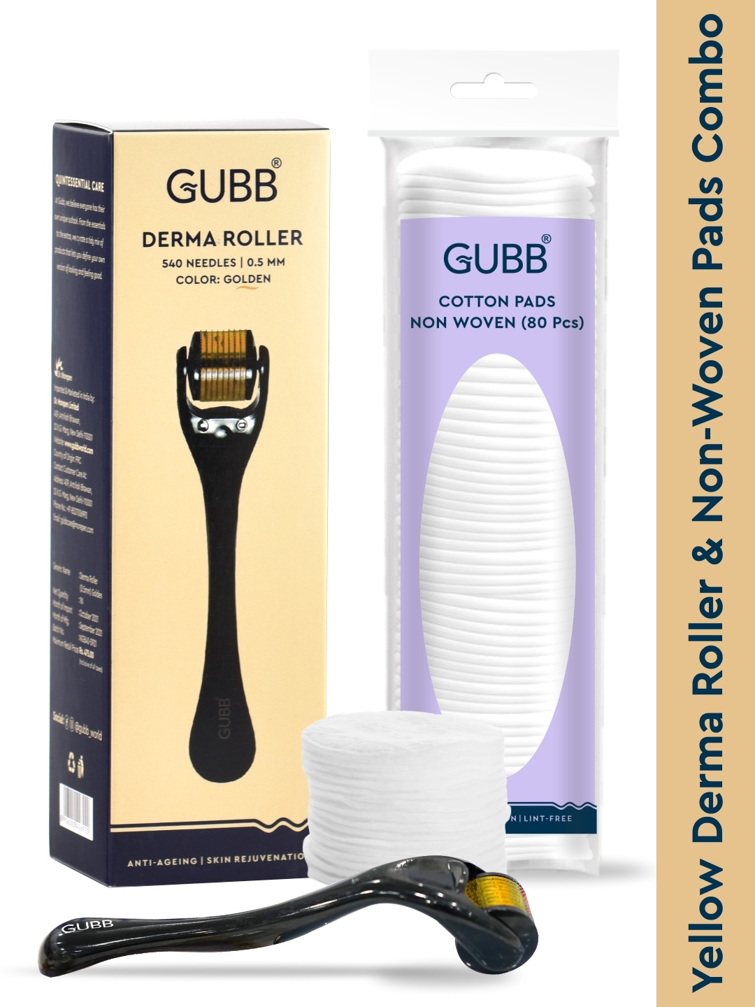 

GUBB Combo Of Derma Roller Golden & Non Woven Makeup Wipes Cotton Pads 80 Pcs, Gold
