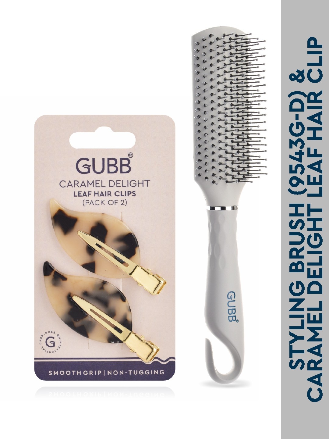 

GUBB Set of Styling Hair Brush - 9543G-D & 2 Caramel Coloured Delight Leaf Hair Clips, Multi