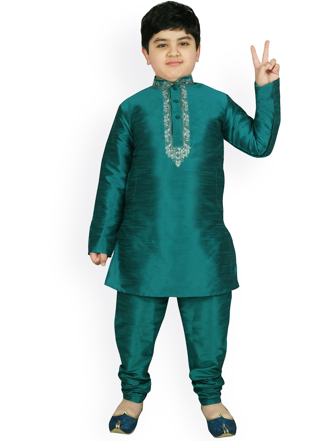 

SG YUVRAJ Boys Green Raw Silk Kurta with Churidar