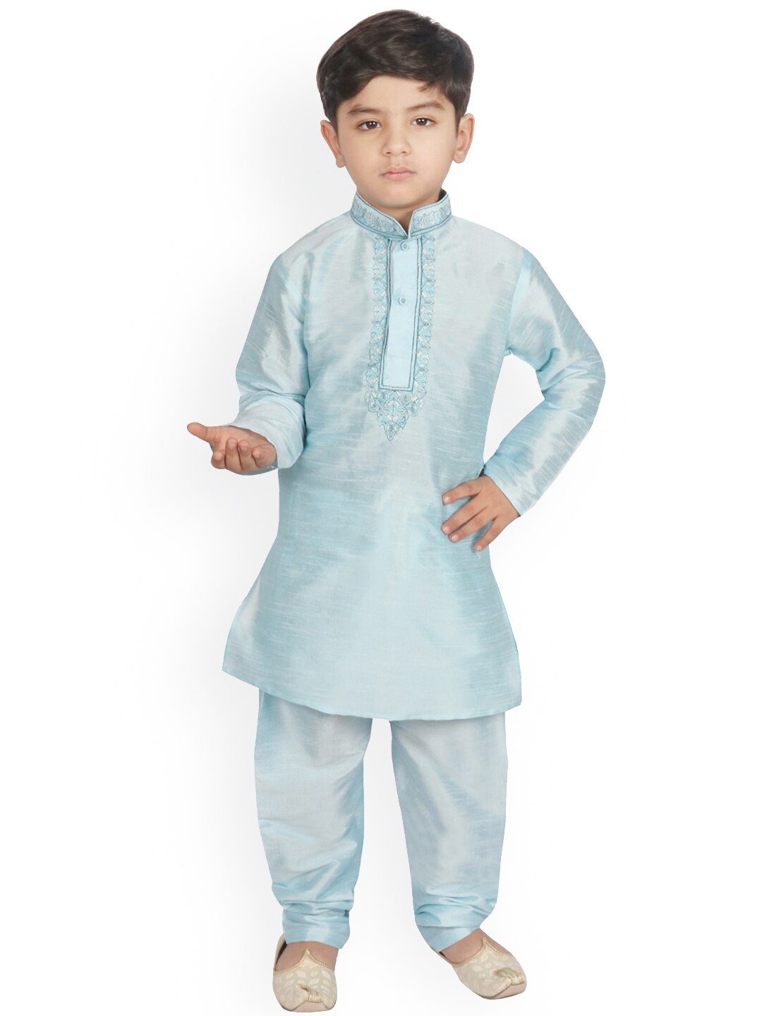 

SG YUVRAJ Boys Turquoise Blue Yoke Design Raw Silk Kurta with Pyjamas