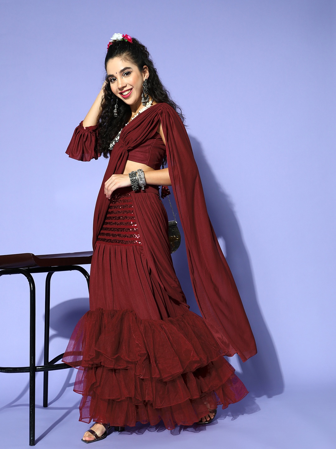 

Tikhi Imli Ready to Wear Embellished Satin Saree, Maroon
