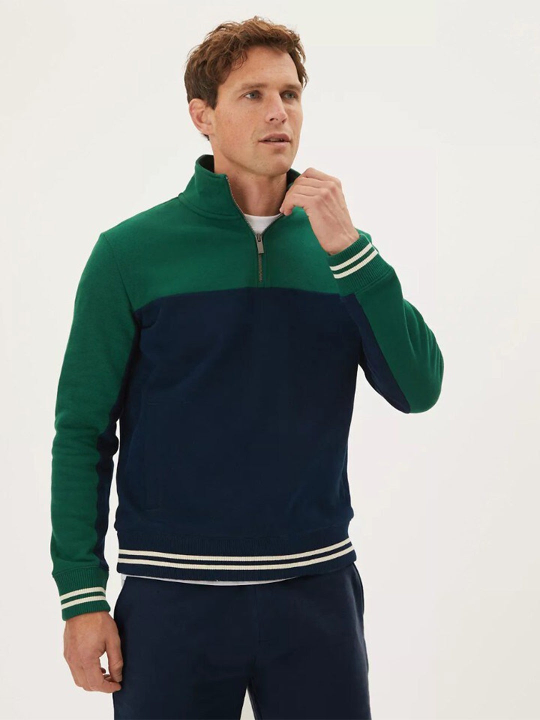 

Marks & Spencer Men Green Colourblocked Pure Cotton Sweatshirt
