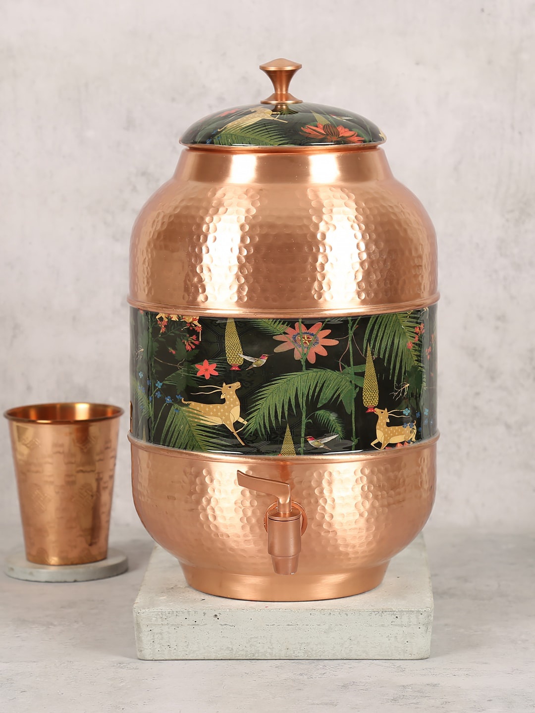 

India Circus by Krsnaa Mehta Metallic-Colored & Green Printed Copper Water Dispenser 8 L