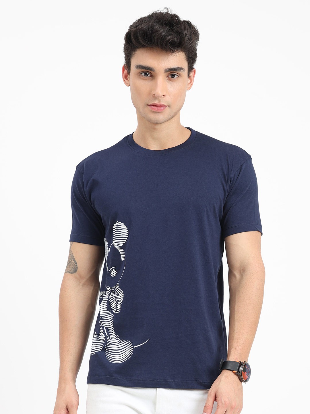 

COOFT Men Blue Mickey Mouse Printed Pure Cotton T-shirt
