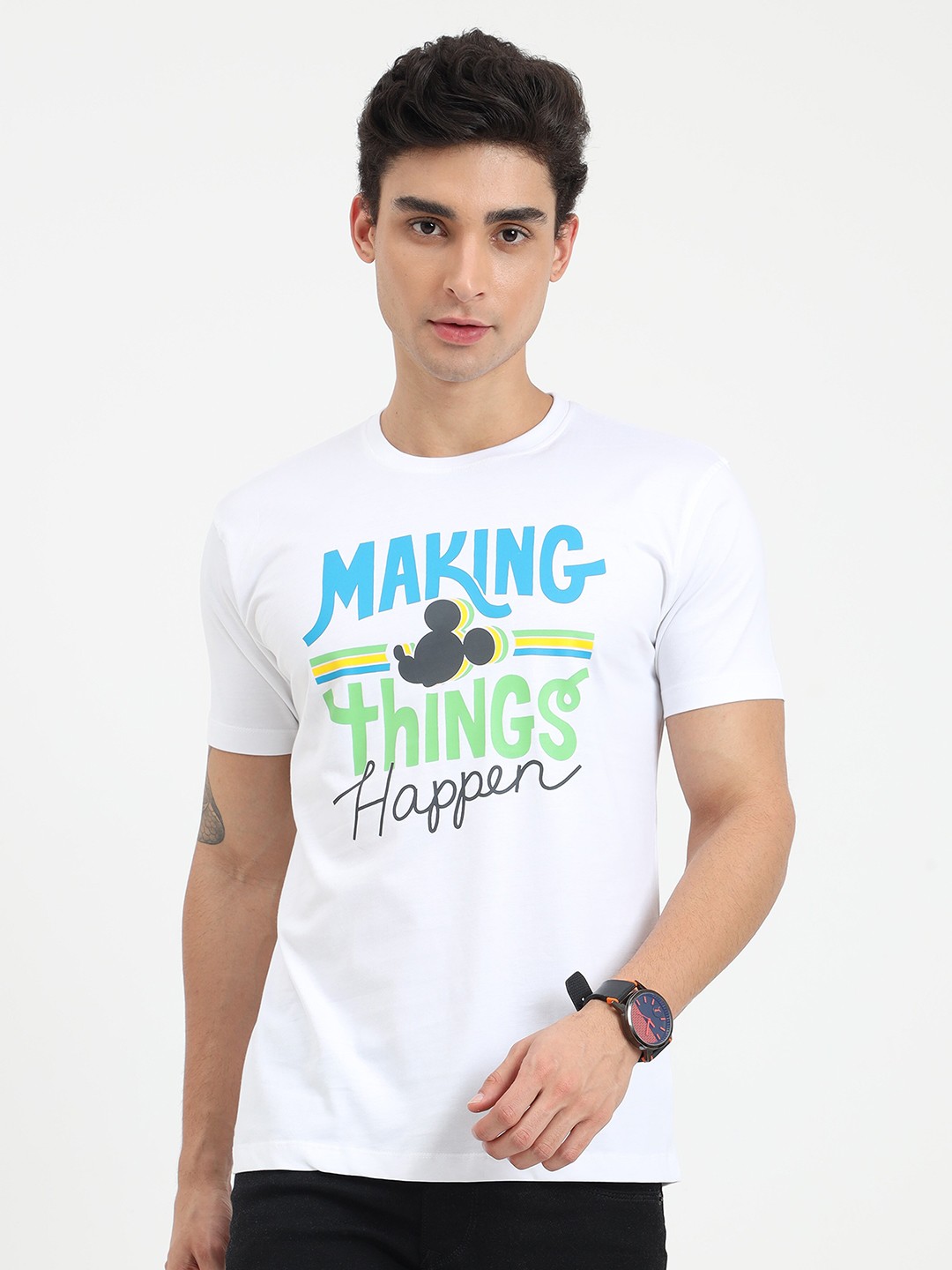 

COOFT Men White & Blue Typography Mickey Mouse Printed Pure Cotton T-shirt