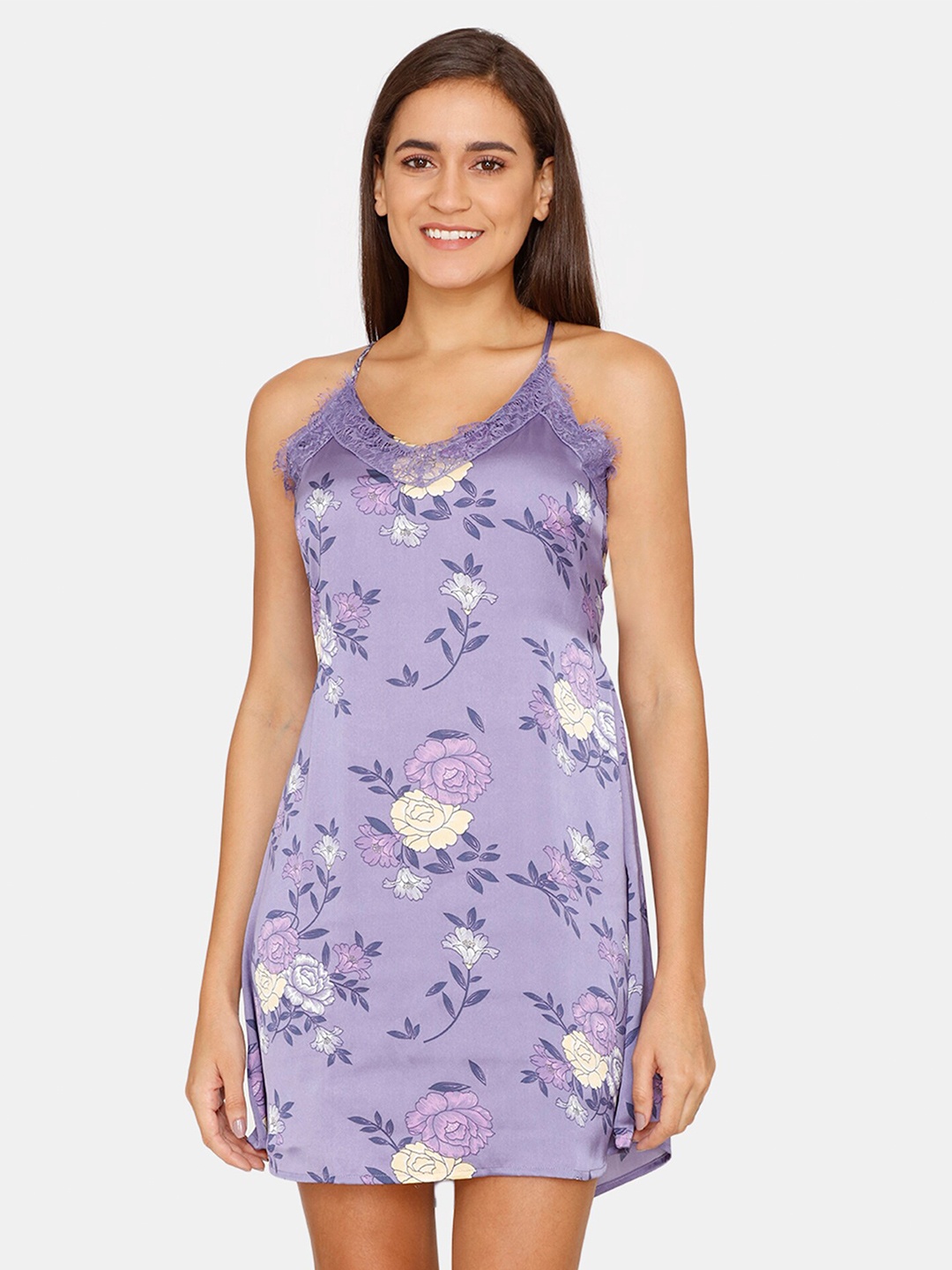 

Zivame Purple Printed Satin Nightdress