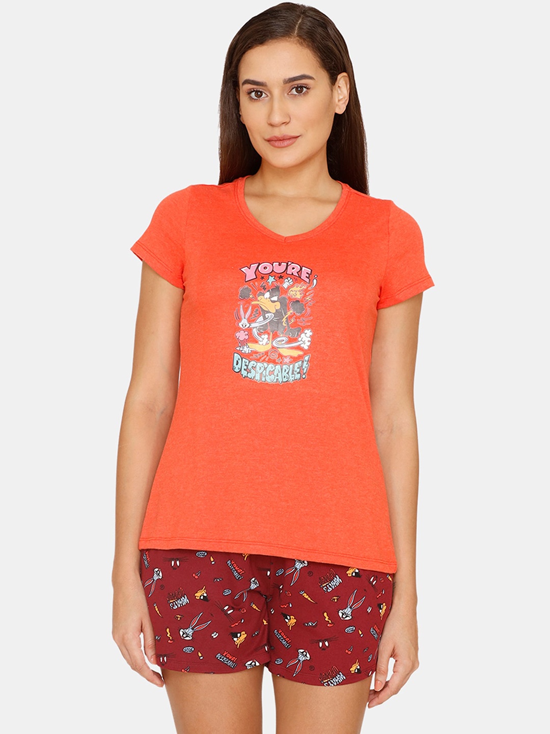 

Zivame Women Maroon & Orange Printed Night suit