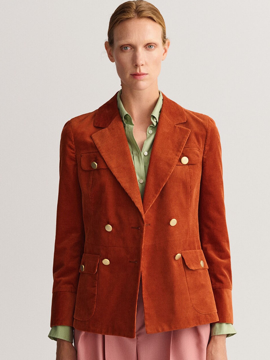 

GANT Women Mustard Yellow Solid Pure Cotton Single Breasted Casual Blazer