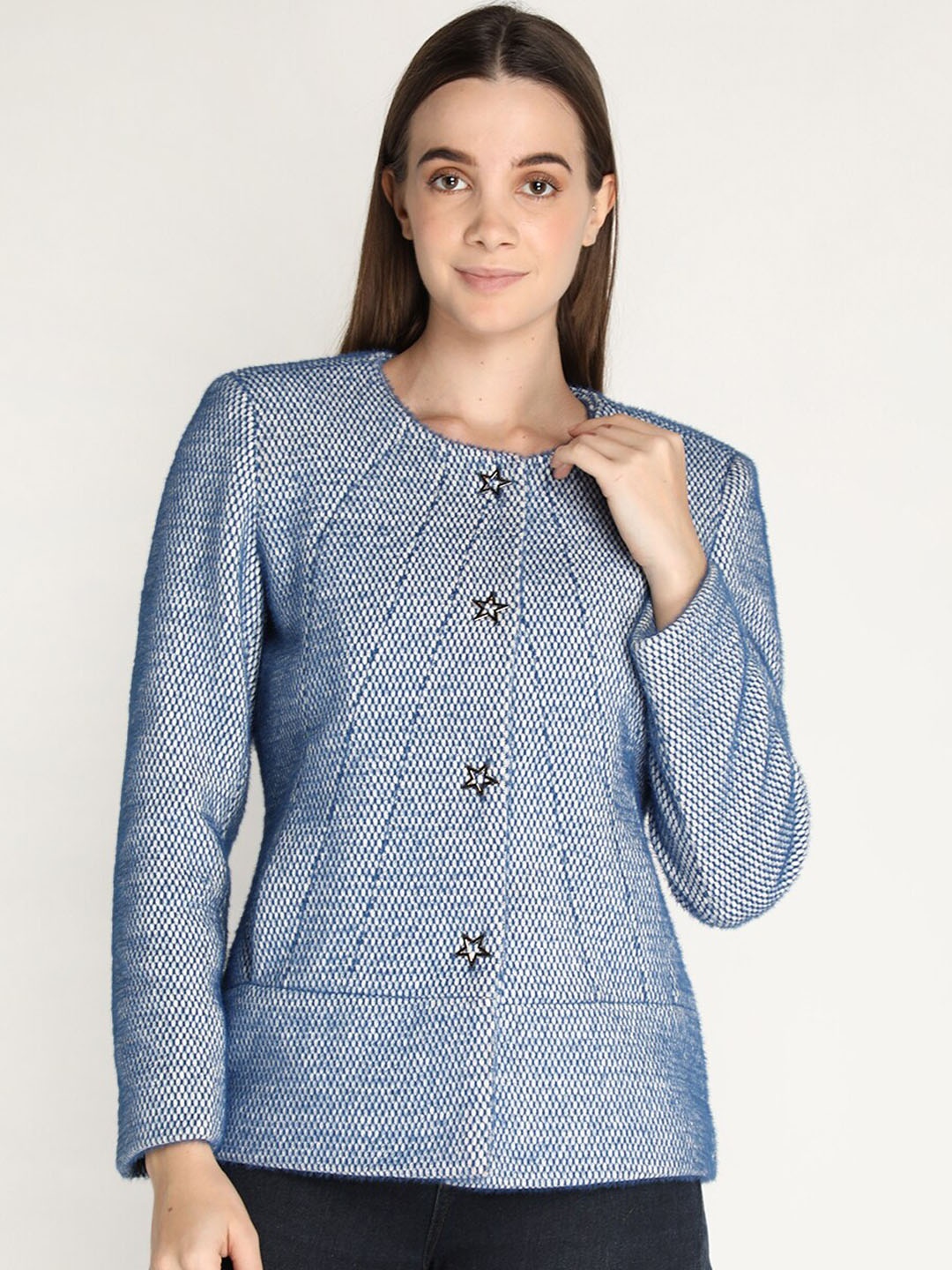

LEBORK Women Blue Open Front Jacket
