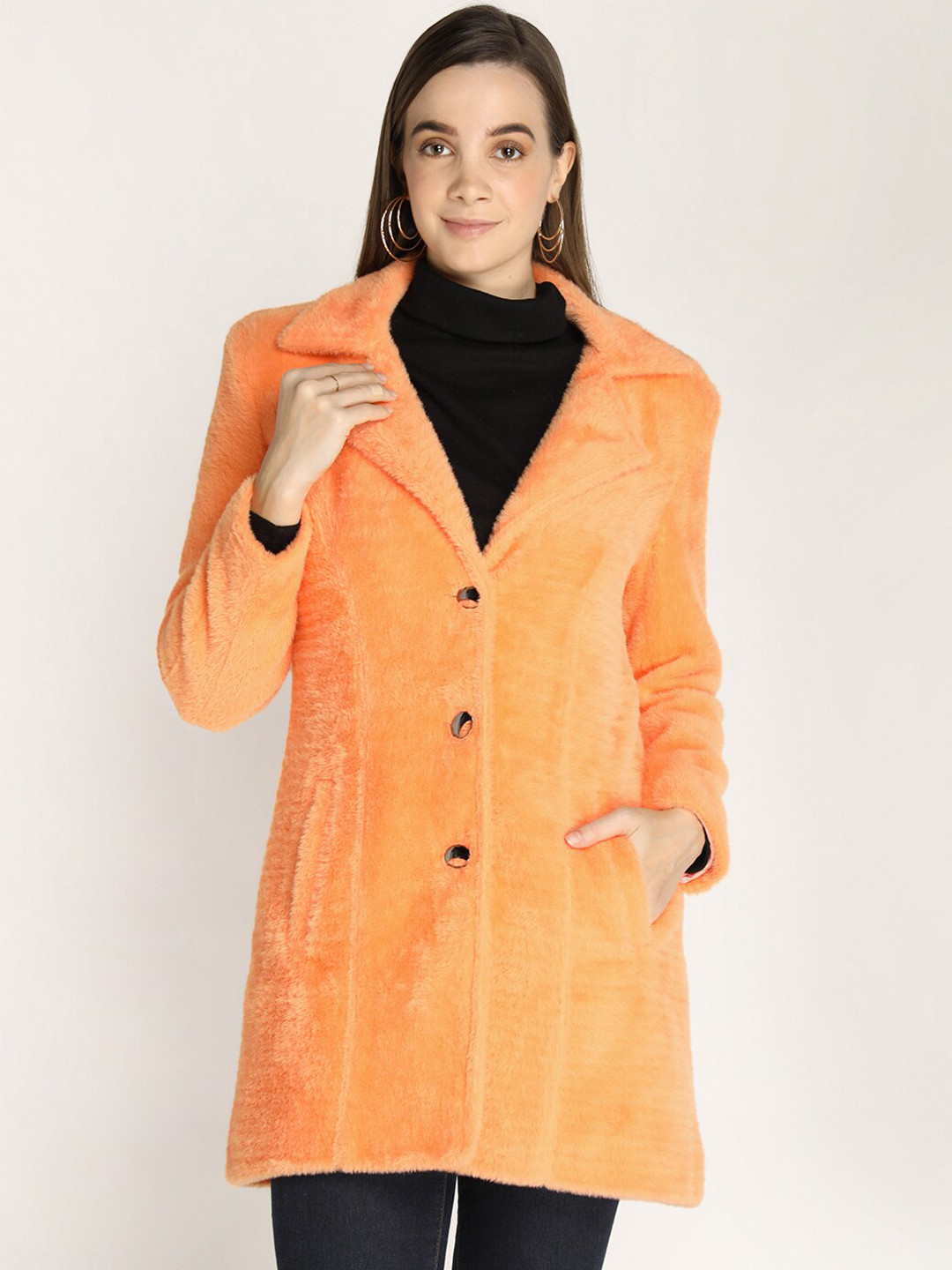 

LEBORK Women Orange Colored Solid Woolen Winter Wear Coats