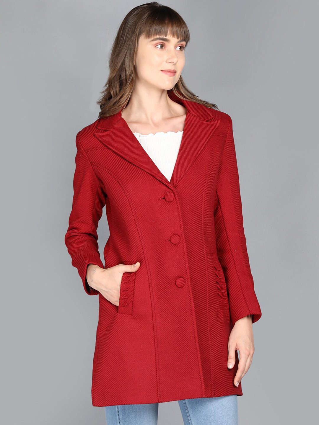 

LEBORK Women Maroon Solid Woolen Winter Wear Coats