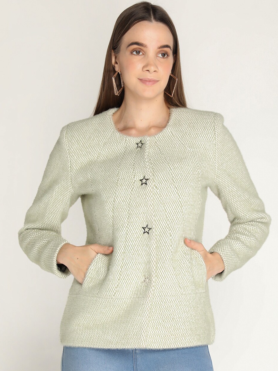 

LEBORK Women Green Self Design Winter Overcoat