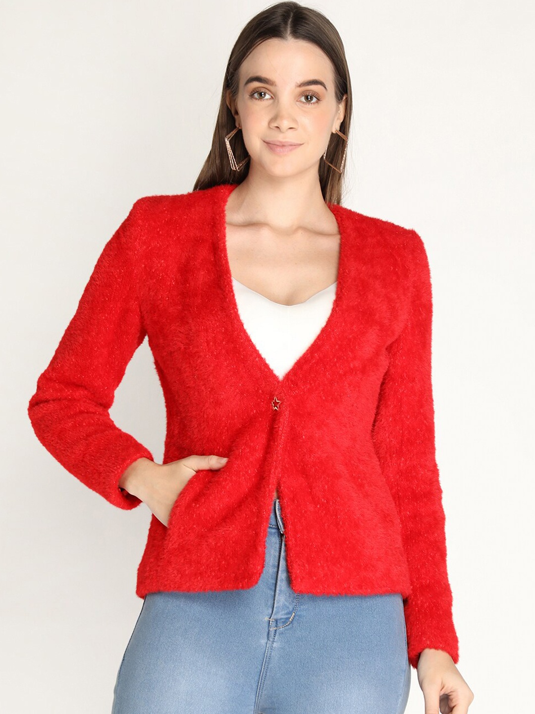 

LEBORK Women Red Self Design Woolen Winter OverCoat