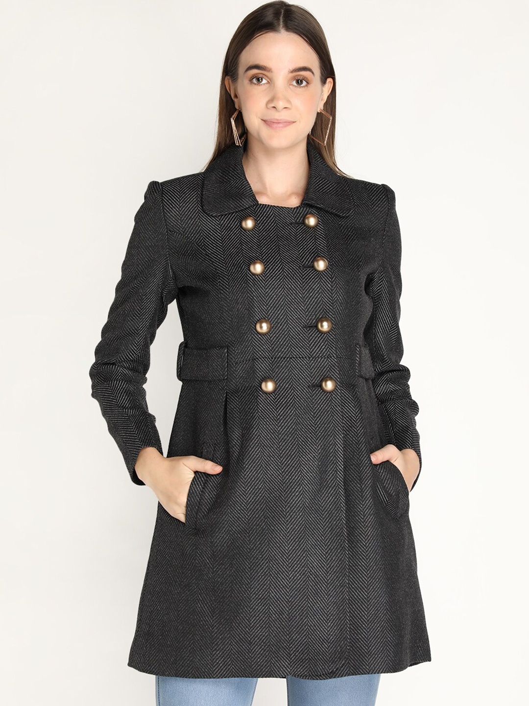 

LEBORK Women Grey Textured Longline Coats