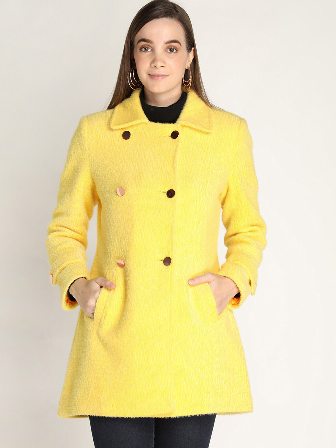 

LEBORK Women Yellow Solid Winter Overcoats