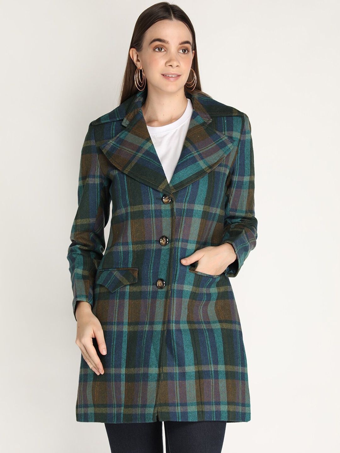 

LEBORK Women Green Checked Woolen Winter Wear Coats