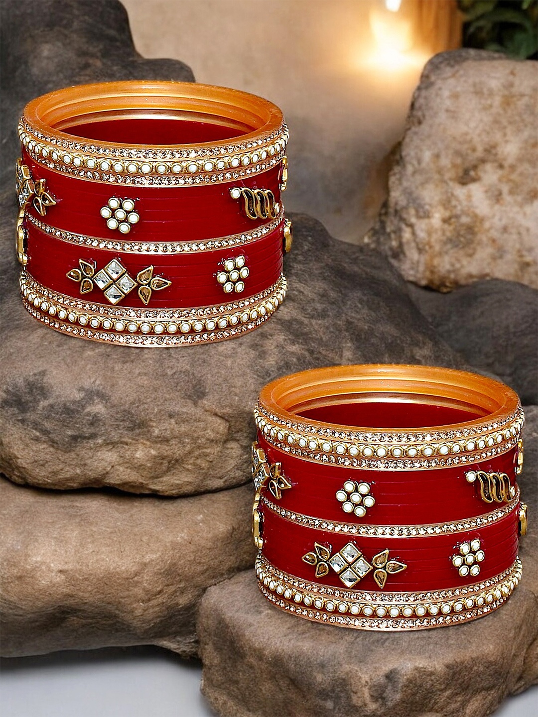 

LUCKY JEWELLERY Gold-Toned & Maroon Kundan Beaded Chura Bangle Set