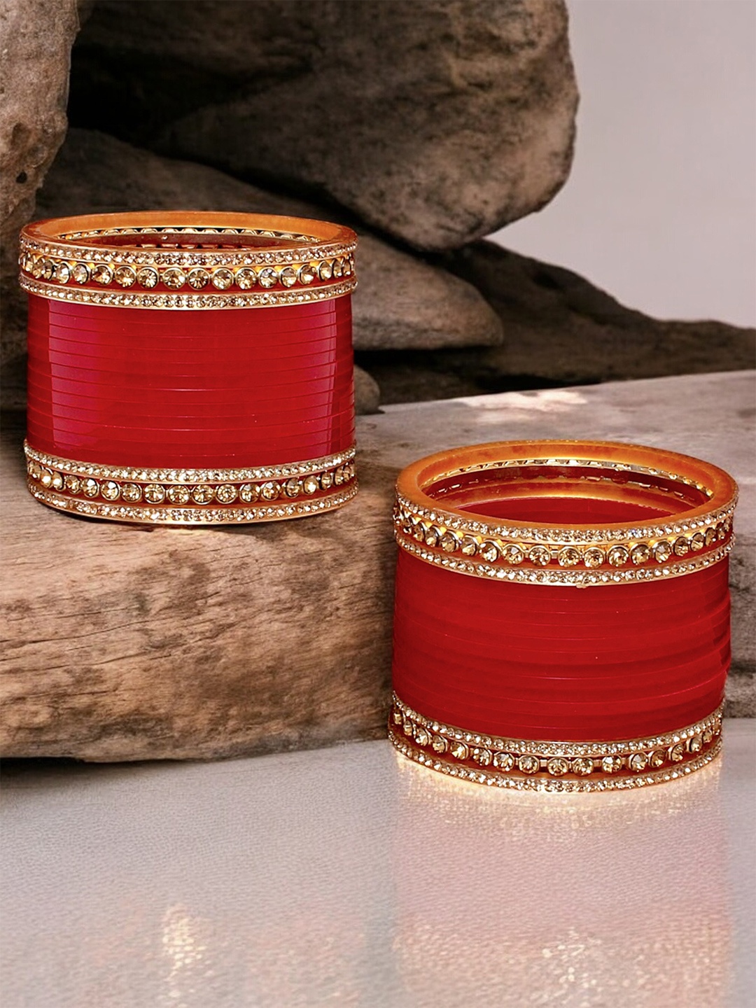 

LUCKY JEWELLERY Golden and Red CZ Stone Studded Bangle Set