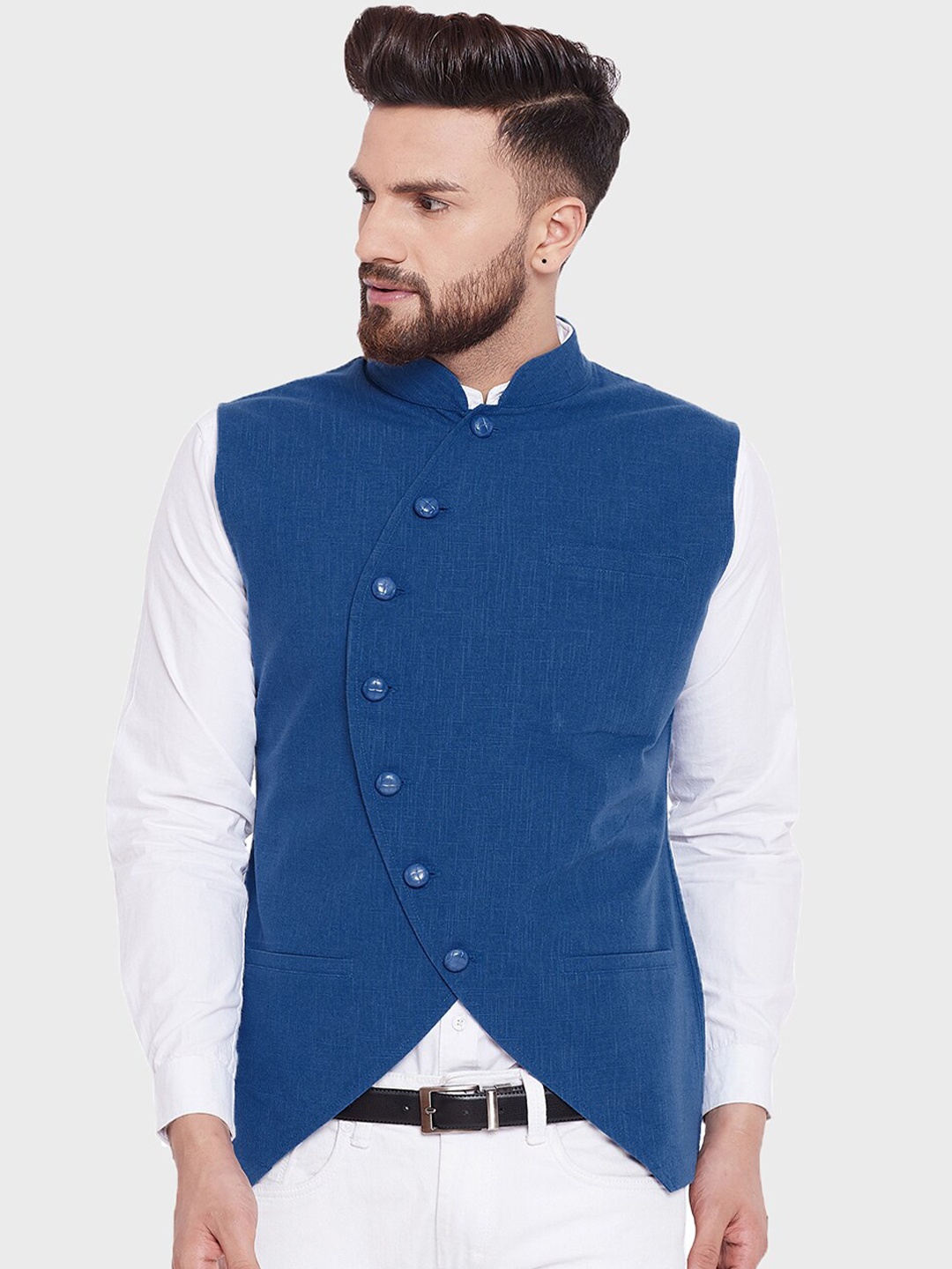 

Hypernation Men Blue Solid Pure Cotton Waistcoat