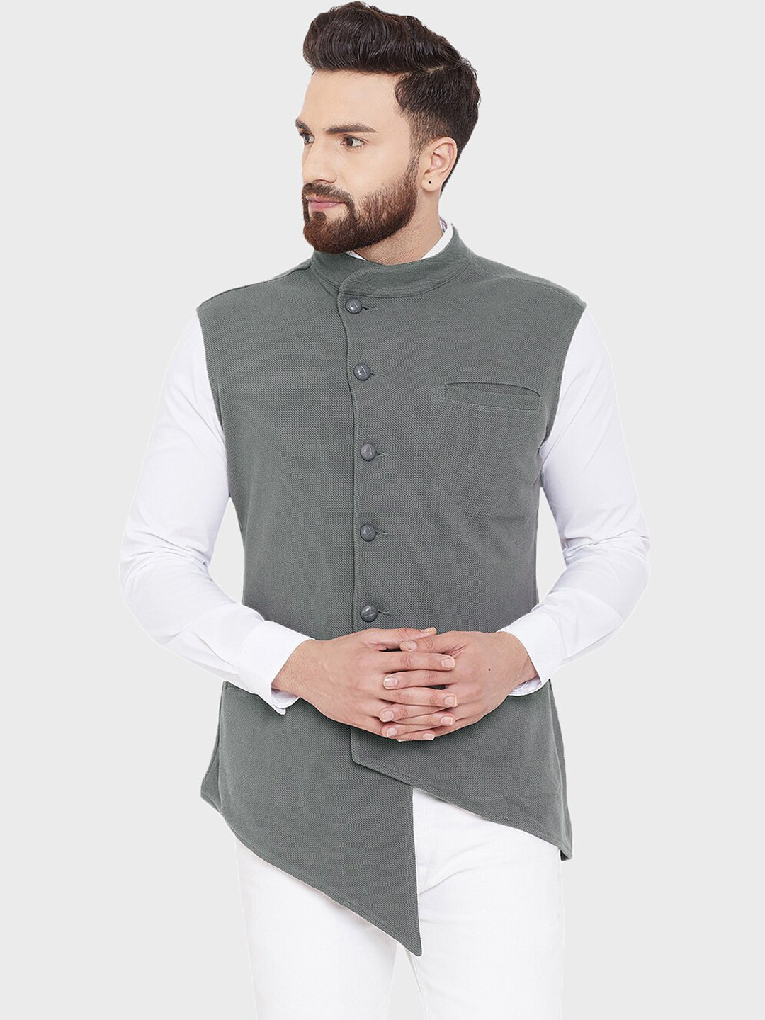 

Hypernation Men Grey Solid Cotton Nehru Jacket