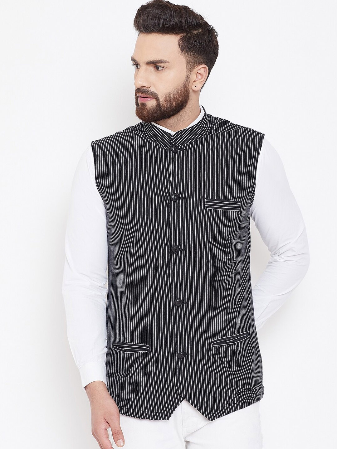 

Hypernation Men Black & White Striped Nehru Jacket