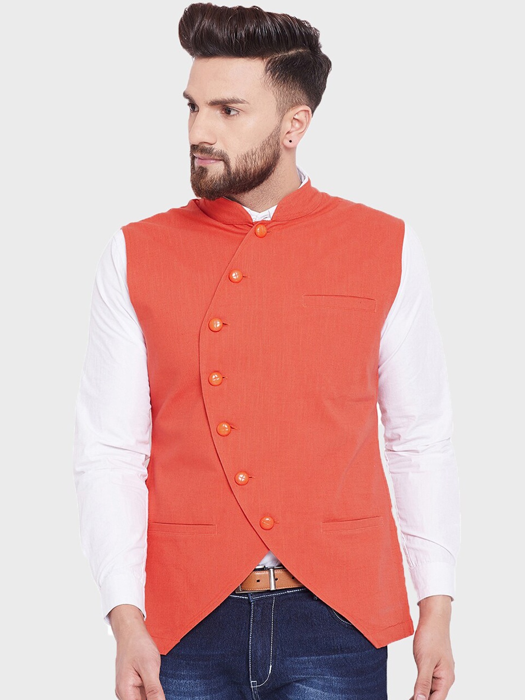 

Hypernation Men Orange Solid Pure Cotton Waistcoat