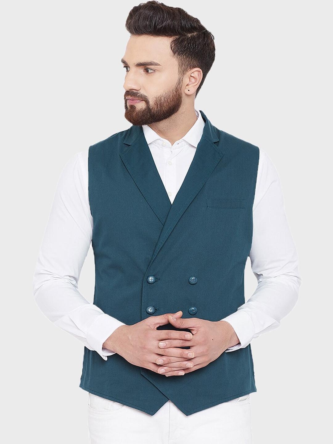 

Hypernation Men Teal Blue Solid Pure Cotton Waistcoat